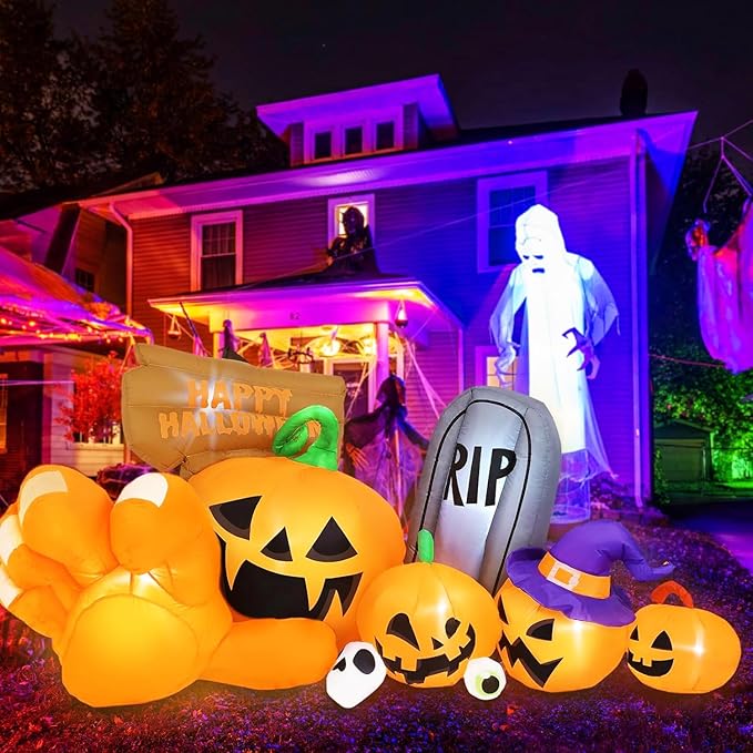 Garma Halloween Inflatables Outdoor Decorations, Long Inflatable Blow Ups Yard Decoration Pumpkin with Build-in LEDs, Gravestone and Witch Hat for Halloween Party Indoor, Lawn, Garden Decor