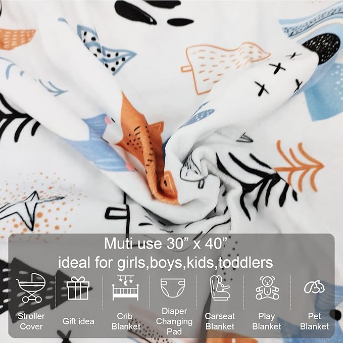 Baby Blanket for Boys Girls (Fox Printed, 30"x40") with Double Layer Dotted Backing Soft Plush Minky Blanket for Toddlers Newborn
