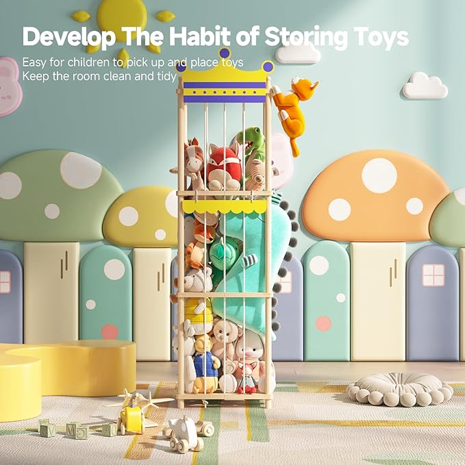 Stuffed Animal Storage Stuffed Animal Zoo, 60" Wood Large Animal Storage Toy Holder with High Elastic Rope, Zoo Organizer Cage for Nursery,Playroom,Bedroom