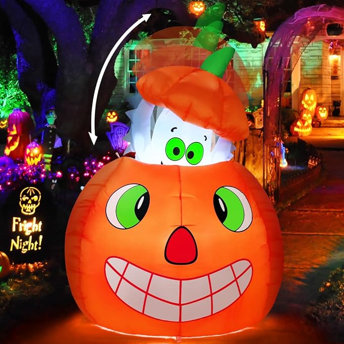 COMIN 5 FT Halloween Inflatables Animated Pumpkin Ghost Outdoor Decorations Blow Up Yard with Built-in LEDs for Indoor Party Garden Lawn Decor