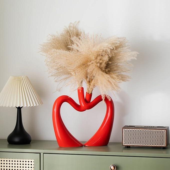 Red Hollow Ceramic Vases for Home Decor, Love Heart Snuggle Vase Set of 2, Modern Nordic Aesthetic Decorative Vase for Table Centerpiece Wedding Decoration (W 11.8" X H 9.8")