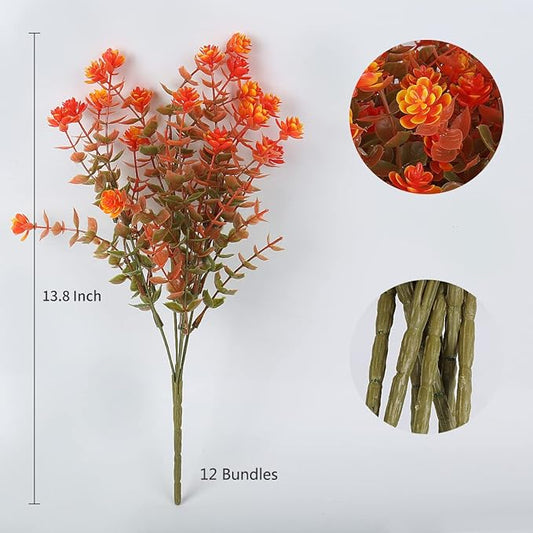12 Bundles Artificial Outdoor Flowers UV Resistant Fake Plastic Plants No Fade Faux Fall Flowers for Hanging Planter Garden Porch Patio Window Box Wedding Thanksgiving Halloween Decor, Fall Orange