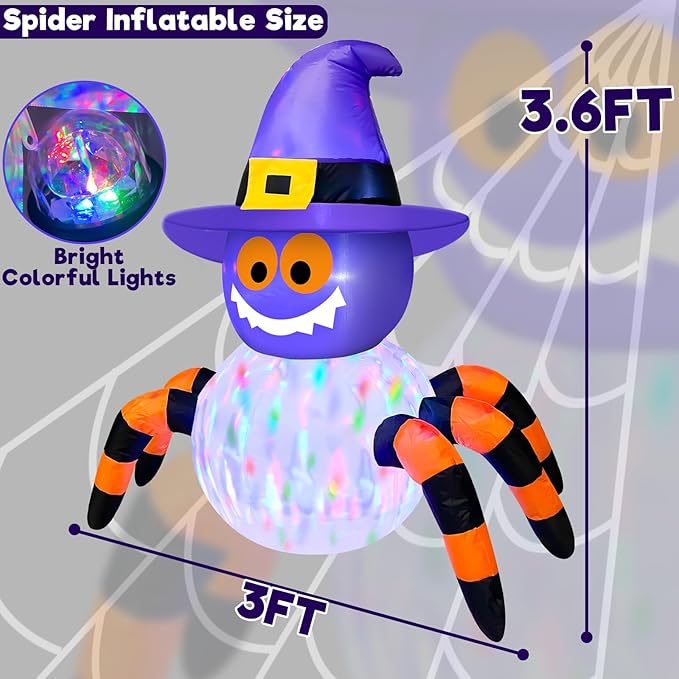 TURNMEON 3.6 Ft Halloween Inflatables Spiders Wear Witch Hat Decorations Outdoor with Rotating Colorful Lights 4 Stakes 2 Tethers 1 Sand Bag Blow Up Halloween Decoration Yard Lawn Garden Holiday Party