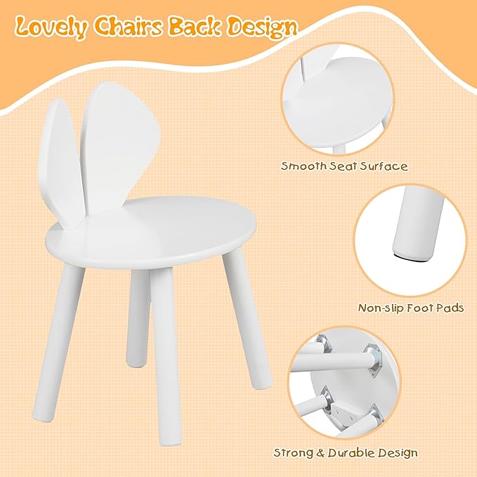 VECELO Kids Table and Chair Set, Oval Table with 2 Bunny Ear Chairs, Perfect for Toddlers Playing and Activities, Snow White