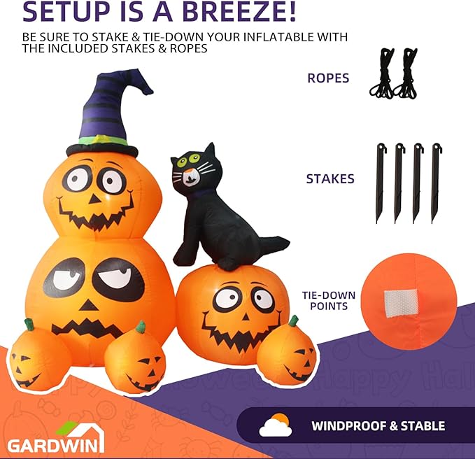 Gardwin 6FT Halloween Pumpkin with Cat Inflatable Outdoor Decorations, Inflatables Decorations Blow up Cat & Pumpkin Lanterns with Yard Inflatables Holiday Inflatables for Garden Lawn Decor