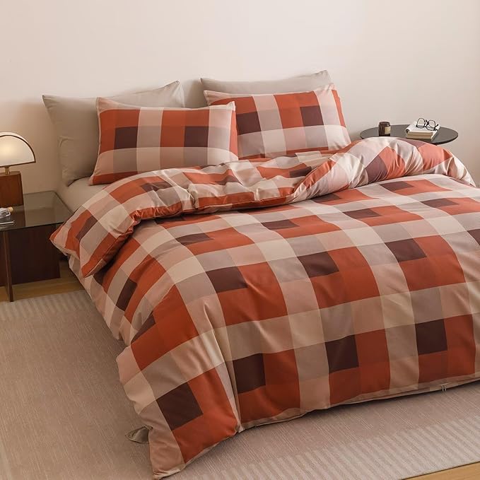 Cottonight Checkered Red Comforter Set Full Gingham Grid Bedding Set Red and Khaki Grid Comforter Fluffy Soft Bedding Set Kids Teens Full Comforter with 2 Pillowcases