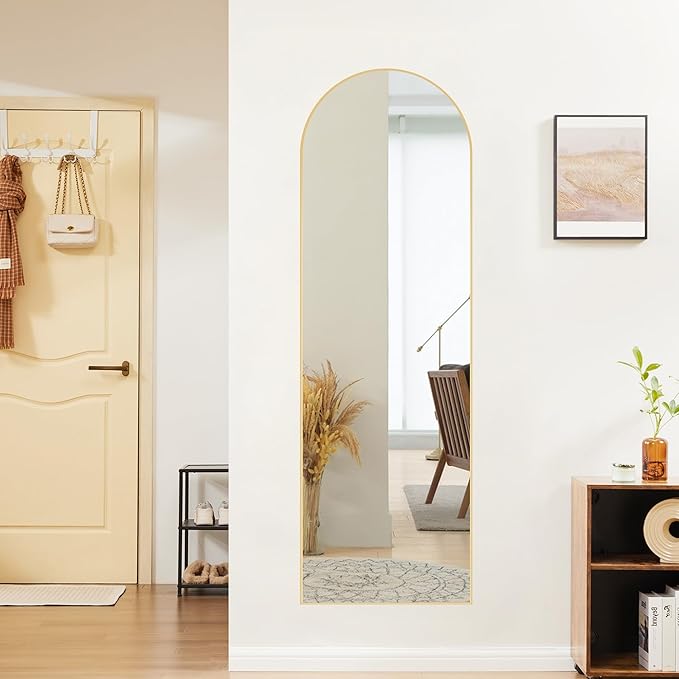 Sweetcrispy 59"x16" Arched Full Length Mirror, Standing or Leaning Full Body Mirror with Aluminum Alloy Thin Frame, Suitable for Bedroom or Cloakroom,Gold