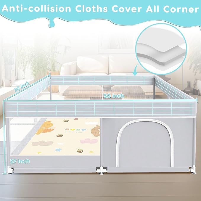 Baby Playpen with Mat, Baby Playard for Toddlers, Sturdy Safety Play Yard with Soft Breathable Mesh, Anti-Fall, 50 * 50 * 27 inches Grey