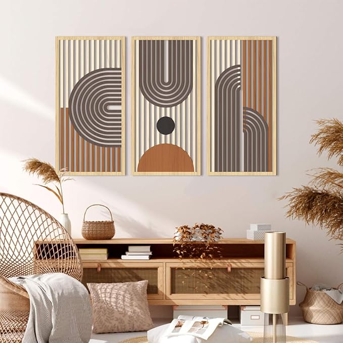 IARTTOP Large Boho Wood Wall Art 16x32 Inch Abstract Mid century Modern Wooden Wall Decor Minimalist Bohemian Orange Artwork for Living Room Bedroom Office Set of 3