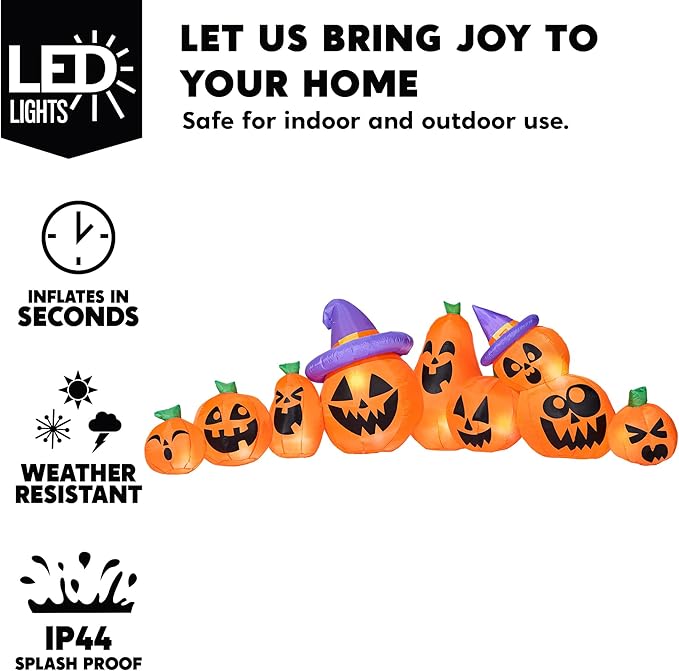 Joiedomi 12.5 FT Halloween Inflatable Pumpkin Outdoor Decorations, Blow Up Yard Decorations with Witch Hat, 9 Pcs Blow Up Pumpkin Inflatable with Built-in LEDs for Halloween Decor