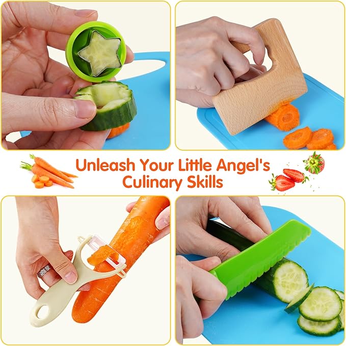 Kids Knife Set for Real Cooking Toddler Kitchen Tools Include 4 Serrated Edges Plastic Safe Knives,Crinkle Cutter Y Peeler Cutting Boards Wood Kids Knife, Kitchen Gloves, Fruit Forks and Dough Cutters