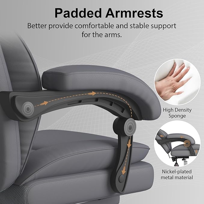Big and Tall Office Chair, Ergonomic Leather High Back Executive Computer Chair with Retractable Footrest, Adjustable Headrest, Padded Arms, 360°Swivel Free, 90-135°Reclining, 500lbs Wide Seat, Gray