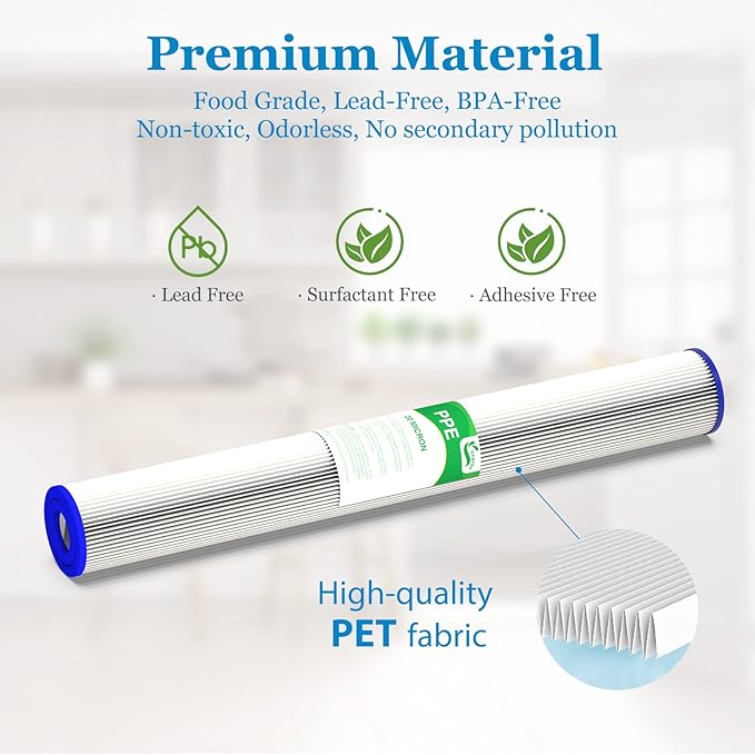 20 Micron 20-Inch Whole House Water Filter Replacement Cartridge, Pleated Sediment Water Filters 2.5" x 20" for Well Water, Compatible with ECP20-20, 255487-43, SPC-25-2020, 6 Pack