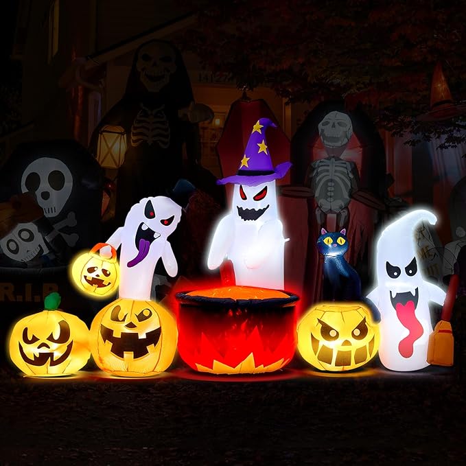 8Ft Long Halloween Inflatables Decoration Ghost and Pumpkin Family with Build-in RGB LED Lights, Halloween Blow Up Yard Decorations for Party Garden Lawn Indoor Outdoor Decor