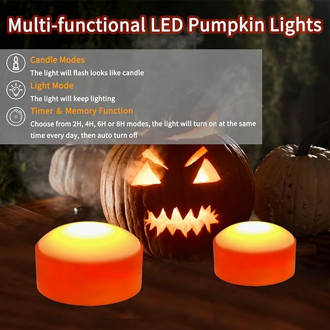 Halloween LED Pumpkin Lights, 2 Pack Battery Operated Jack-O-Lantern Lights with Remote Control and Timers, Orange Flickering Flameless Candles Ideal for Halloween Pumpkin Decorations