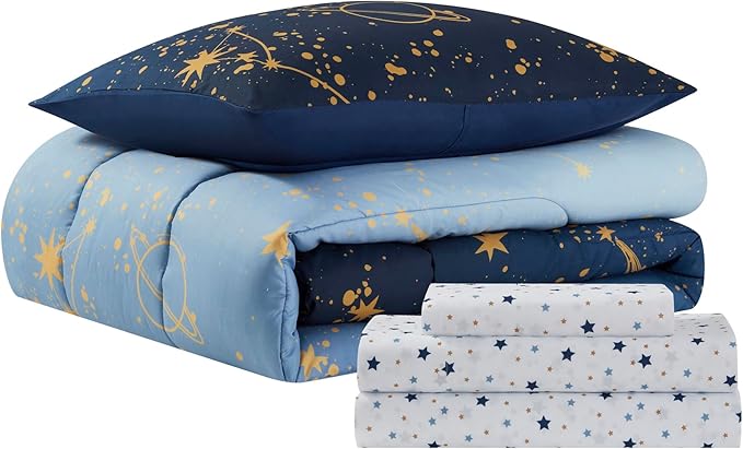 Kids Bedding Set Bed in a Bag for Boys and Girls Toddlers Printed Sheet Set and Comforter, Twin, Galaxy