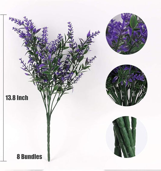 RECUTMS Artificial Greenery Lavender Fake Shrubs Flowers 8 Bundles UV Resistant Hanging Planter Flora Fence Indoor Outside Decor Wedding Table Flowers Arrangement Bouquet Filler (Purple)