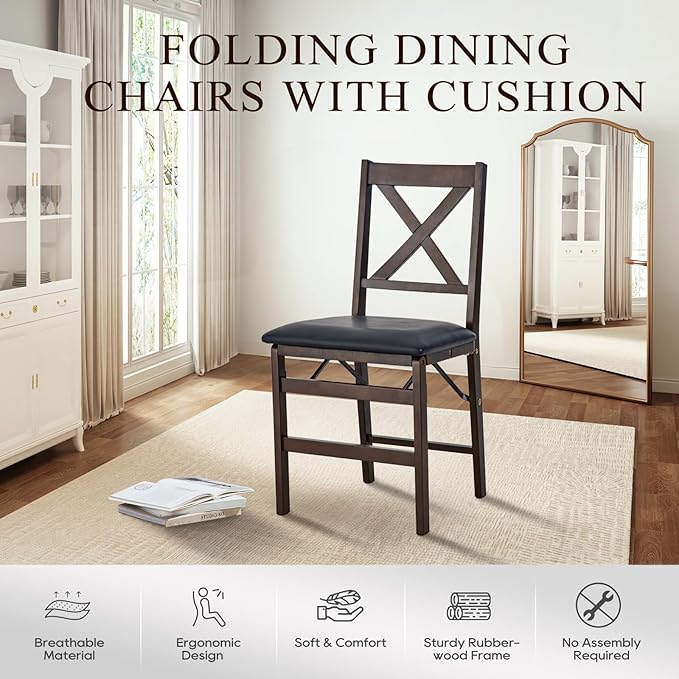 COLAMY Folding Dining Chairs Set of 4, Foldable Chairs with Padded Seats, Wood Folding Dining Room Chairs for Kitchen, Party, Camping, Dark Brown