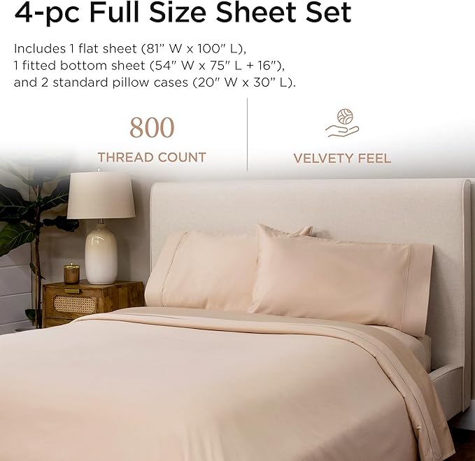 Threadmill Luxury 800 Thread Count Full Size 100% Cotton Sheets - Light Beige Sateen Weave Bed-Sheets, Better Than Egyptian Cotton, 4 Pc Solid Bedding Set, Fits 16" Deep Pocket