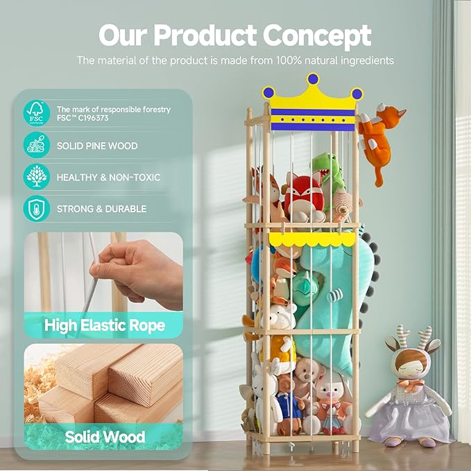 Stuffed Animal Storage Stuffed Animal Zoo, 60" Wood Large Animal Storage Toy Holder with High Elastic Rope, Zoo Organizer Cage for Nursery,Playroom,Bedroom