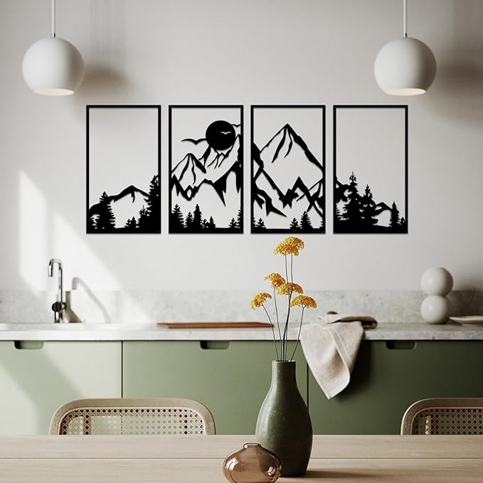 ESTART 4 Pcs Mountain Range Metal Wall Art Decor Summit Metal Wall Sign Rustic Forest Home Decor Sign Mountain Scene Wall Decor Art Hanging for Living Room Bedroom Bathroom Office, 45.3 x 17 Inch