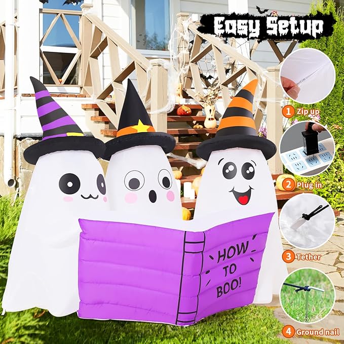 GOOSH 5.2FT Long Halloween Inflatables Ghost Outdoor Decoration Blow Up Yard Cute Ghosts Reading Book with Built-in LEDs for Indoor Party Garden Lawn Holiday Decor
