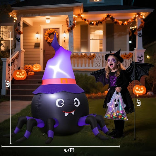 5FT Halloween Inflatable Spider with Witch Hat Outdoor Decoration, Blow Up Yard Inflatable Decorations with Built-in LED Lights for Garden/Lawn/Holiday/Home Party Decor
