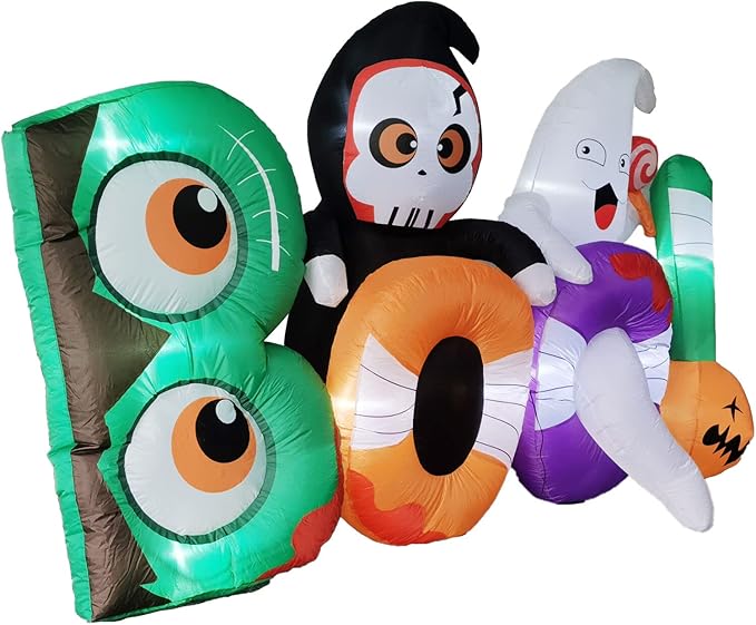 Haunted Hill Farm 8-ft. Wide Reaper and Ghost Boo Sign Blow Up with Lights, Outdoor Halloween Inflatable Decoration for Lawn and Yard, Giant Spooky Holiday Decor