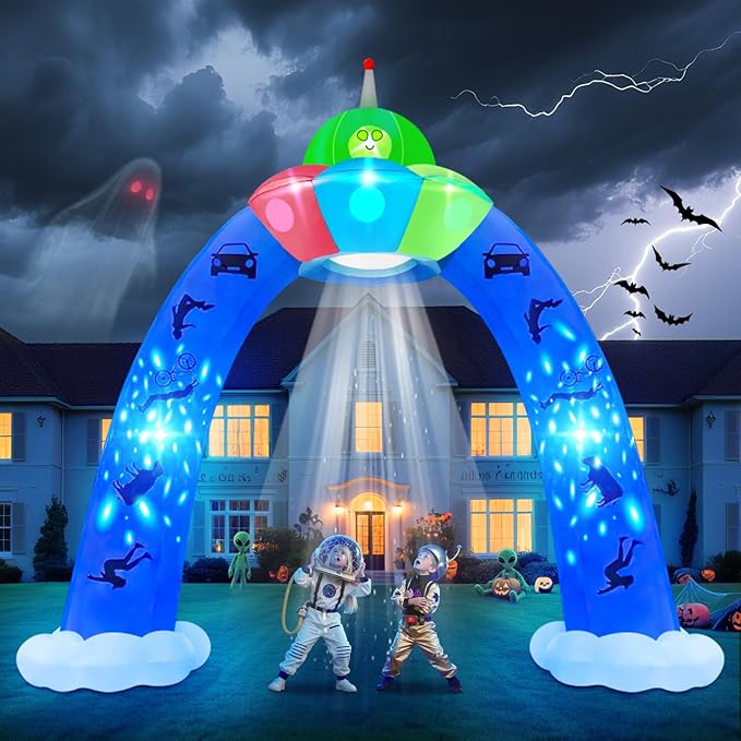 Kalolary 12.5FT Halloween Archway Inflatables, Giant Alien UFO Arch Inflatable with Blue Flashing Lights Scary Halloween Outdoor Blow Up Yard Decoration for Garden Lawn Holiday Party Decors
