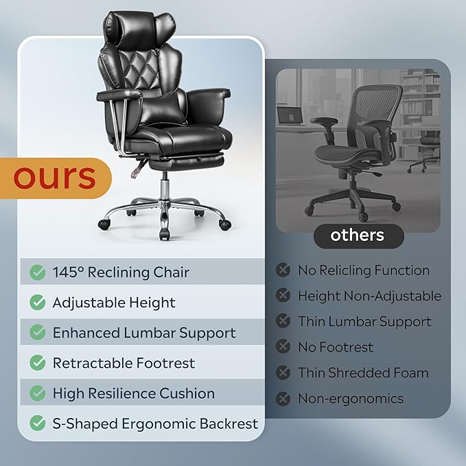 DEVAISE Executive Ergonomic Leather Home Office Chair with Footrest, Comfy Reclining Big and Tall Desk Chair with Lumbar Support, Heavy Duty, SGS Class 4 Gas Lift, Black