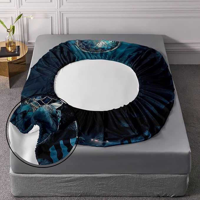 AILONEN Howling Wolf Fitted Sheet Set Twin XL Size, 3 Pieces Teen Boys Bedding Set Safari Animal Themed Sheet Set,Dreamcatcher Bed Sheet Set Evening Forest Wolf Fitted Sheet with 2 Pillowcases
