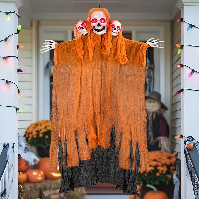 Halloween Decorations Outdoor and Indoor,Halloween Hanging Ghosts,Scary Grim Reaper Skeleton with Light-Up Eyes and Creepy Sound,Scary Party Decorations for Yard,Lawn,Haunted House Decor