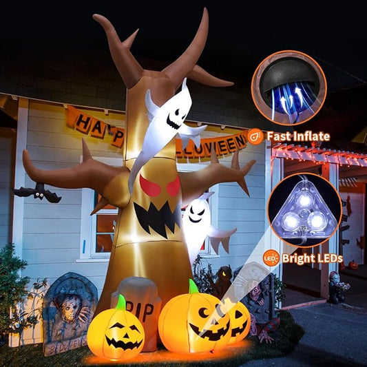 GOOSH 12 FT Halloween Inflatables Tree Outdoor Decorations Blow Up Yard Scary Dead Tree with Pumpkin Ghost Tombstone with Built-in LEDs for Garden Lawn Indoor Party Decor