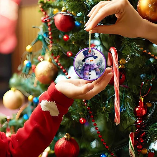 Snow Gentleman Ornaments Winter Holiday Round Ceramic Purple Hanging Ornament Christmas Keepsake Decor for Xmas Tree Winter Holiday Xmas Gift for Women Men 3"