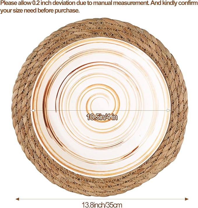 Round Woven Placemats 13.8 Inch Set of 10 - Boho Rattan Placemat Natural Water Hyacinth Placemats, Farmhouse Weave Place Mats, Rustic Braided Wicker Table Mats for Dining Table,Home,Wedding