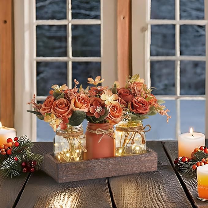 Mkono Mason Jar Lights Centerpiece Table Decorations for Dining Room Farmhouse Coffee Table Decor Tray with 3 Jars Flowers Centerpieces Spring Decor for Kitchen Living Dining Room, Orange
