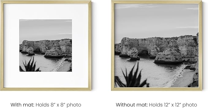 HAUS AND HUES 12x12 Gold Metal Picture Frames Matted to 8x8 - Features Premium Aluminum & Hanging Hardware, Shatterproof Plexiglass - Ideal for Home, Room, Office (12x12 in, Gold, Set of 6)