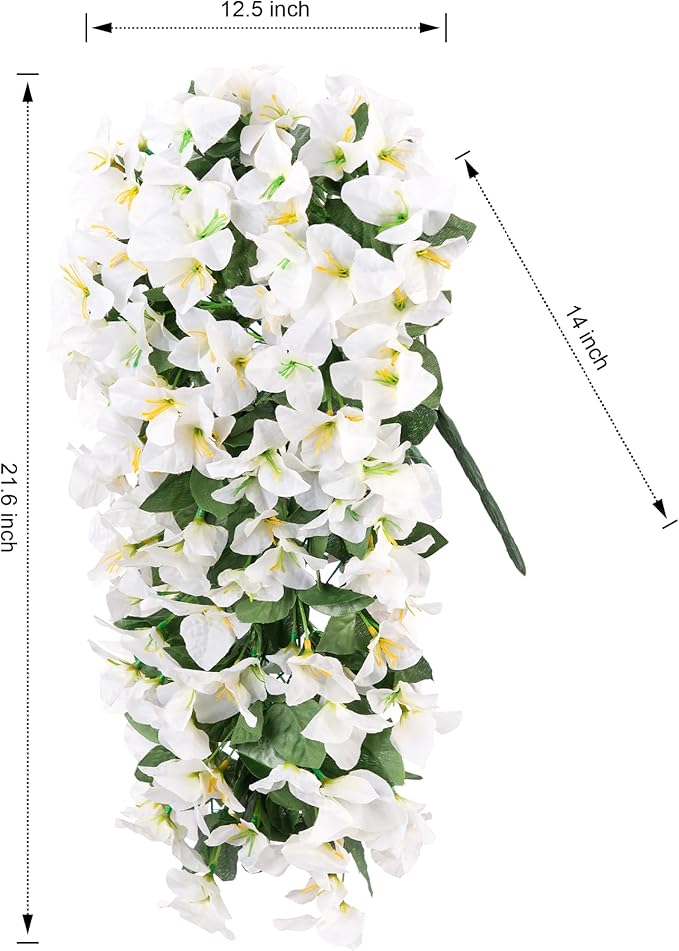 Artificial Faux Bougainvillea Flowers Plants for Outdoor Outside Summer Decoration, 2 PCS Fake Silk UV Resistant Look Real Long Trailing Vines for Front Door Porch Planter Urn Patio Balcony, White