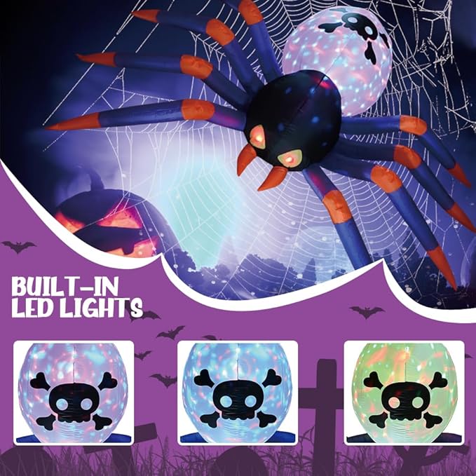 12FT Halloween Inflatables Spider, Halloween Outdoor Inflatable Decoration Blow Up Spider Yard Decoration with Build in LED Light for Halloween Holiday Party Patio Lawn Yard Garden