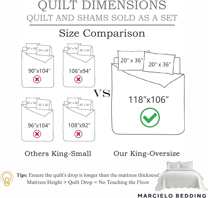MarCielo 3-Piece 100% Cotton Oversized Bedspread Lightweight Quilt Coverlet Embroidery Farmhouse Bedding Set (TG Bright White, Oversized King (118"x106"))