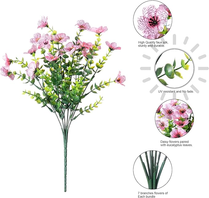 Artificial Flowers for Outdoor Indoor Garden Home Decoration, Faux Flower Daisy with Eucalyptus Leaves Fake Plants Greenery Boxwood Porch Patio, 12 Bundles (Pink)