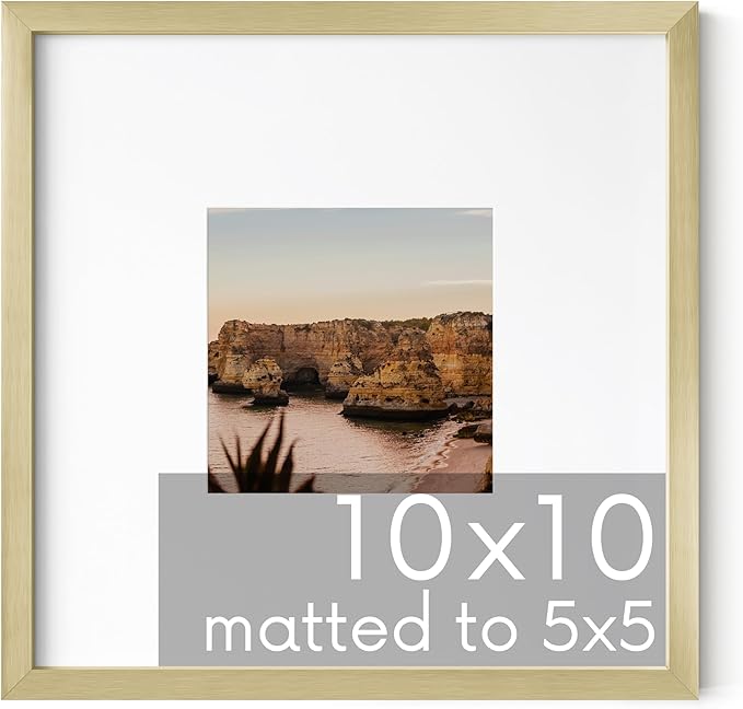 HAUS AND HUES 10x10 Gold Metal Picture Frame Matted to 5x5 - Features Premium Aluminum & Hanging Hardware, Shatterproof Plexiglass - Ideal for Home, Room, Office (10x10 in, Gold, Set of 1)