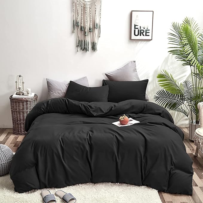 Wellboo Black Comforter King Size Solid Color Bedding Set Soft 3 Pieces Dark Black Quilt Comforters Lightweight All Seasons Minimalist Design Bedding for Women Men Vintage Bedding