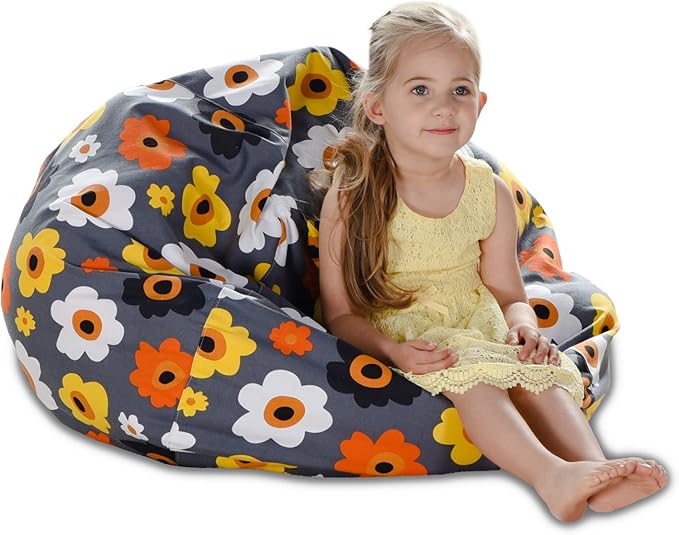 YuppieLife Kids Storage Bean Bag Cover(No Filling)Toy Organizer|Carrying Handle Sofa|Available for Kids and Teenager|Cuddle Chair|Machine Washable and Durable(38“,Grey Flora)
