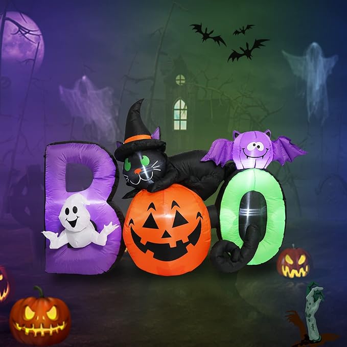 6 FT Long Halloween Inflatable Boo Black Cat with Pumpkin and Ghost Outdoor Decoration, Holiday Decorations Built-in White LED Light Blow Up Halloween Decorations for Yard, Garden, Lawn,Holiday, Party