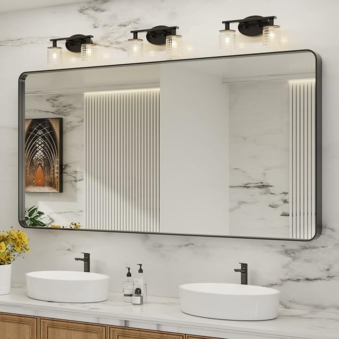 LOAAO 72X32 Inch Black Metal Framed Bathroom Mirror for Wall, Matte Black Bathroom Vanity Mirror Farmhouse, Large Rounded Rectangle Mirror, Anti-Rust, Shatter-Proof, Hangs Horizontally or Vertically