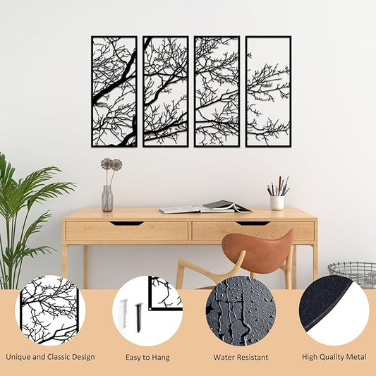 ESTART 4 Pieces Tree of Life Metal Wall Decor, Black Tree Branch Metal Wall Art, Tree Sign Wall Hangings for Home Garden Office Living Room Indoor Outdoor (Small)