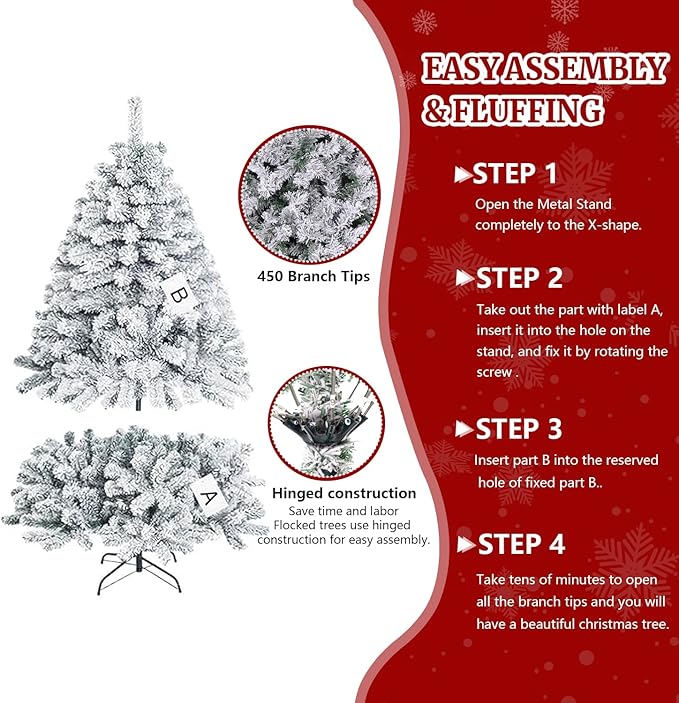 4ft Flocked Artificial Christmas Tree, Arbol de Navidad with 450 Branch Tips, Fake Christmas Tree, Premium Spruce Xmas Tree with Fold-Able Metal Base Stand
