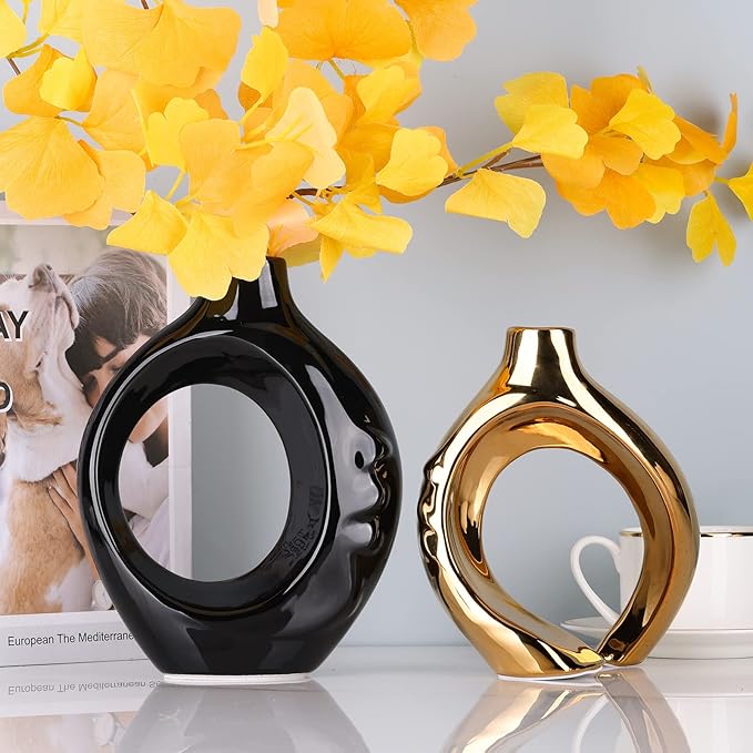 Black Gold Ceramic Vase Set of 2 for Modern Home Decor,Round Boho Vase for Pampas Grass,Neutral Minimalist Vase for Dining Room Table Centerpiece Dining Room,Wedding Table Decoration