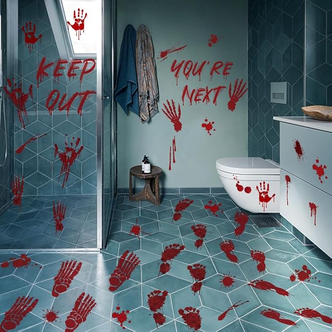 105 Pcs Bloody Halloween Decorations Bloody Footprints Floor Stickers Handprint Window Stickers Halloween Indoor Outdoor Wall Window Floor Stickers Decals (10 Sheets)